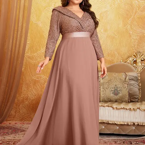 [Plus Size] Glitter Contrast Sequin Collared Chiffon Formal Evening Dress, Evening Party Gown, Elegant Chic Fitted Long Sleeve Maxi Dress for Party & Banquet, Women's Clothes for All Seasons, Elegant Classy Flattering, Womenswear
