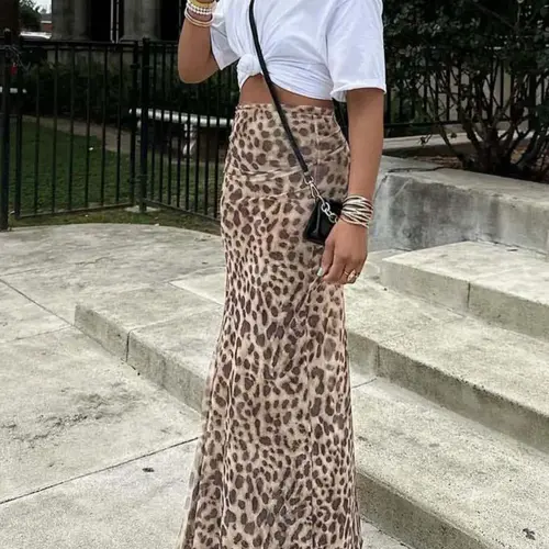 Women's High Waisted Elegant Leopard Print Mesh Skirt, Long Plain H-Type Slim-Fitting A-Line Split Design, Versatile Fashion Bottoms