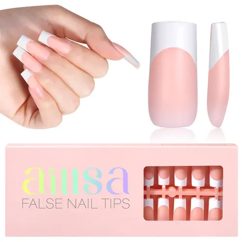 Aillsa Medium Square French Style Press-on Nails - Classic Full Cover Soft Gel Extensions, Natural Multi-Size False Nails, Easy-to-Wear Soak-Off Acrylic Set, Reusable Comfortable Fit for Home Salon DIY (Back to School, Soho Chic)
