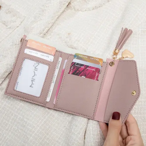 Women's Solid Color PU Leather Cardholder, Credit Cards Holder, Card Slots Pocket, with TasselDecor, Fashionable Coin Purse, Casual Versatile ShortWallet for Daily Used, Christmas Gift, Valentine's Day Gift, Ideal Gift, Card Holder Organizer