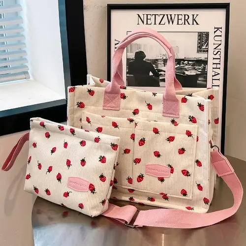 Women's Strawberry Pattern Tote Bag & Purse, Casual Versatile Crossbody Shoulder Bag & Coin Purse, Trendy High-quality Daily Commuting Bag, Fashionable Bag, Fashion Bags