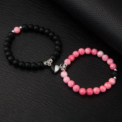 Magnetic Heart Charm Beaded Bracelet, Fashionable Couple Bracelet for Women & Men, Matching Heart Bracelets, Trendy All-match & Exquisite Jewelry for Birthday Gift, Heart Shaped Bracelet, Bracelet With Pendant, Beaded Bracelet Set