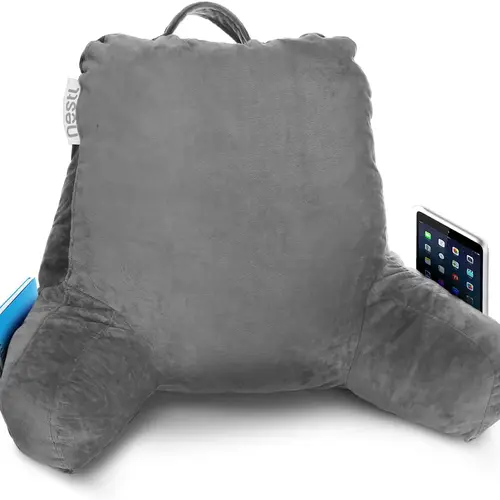 NESTL Antiflip Reading Pillow with Arms - Soft Memory Foam Padded Backrest with Cushion for Bed Lounging, Shredded Fill, Plush Cover, Built-In Book Pocket Ready, Handle to Carry