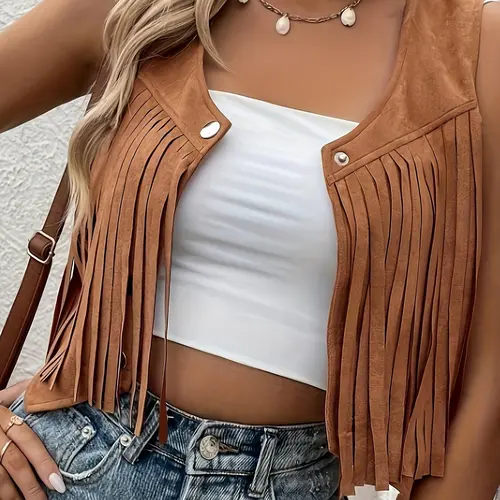 Women's Fringe Detail Faux Suede Material Vest, Button Front V Neck Sleeveless Top, Casual Spring & Fall Sleeveless Outerwear