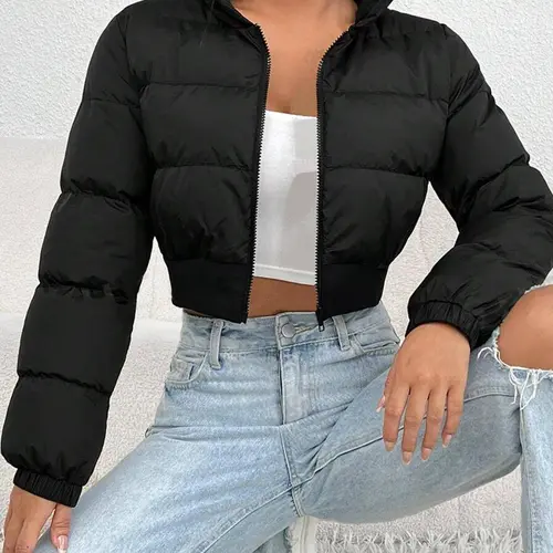 Women's Solid Woven Zipper Up Crop Winter Hooded Coat Jackets, Casual Fashionable Long Sleeve Outerwear for Daily Outdoor Wear, Womenswear for Fall & Winter