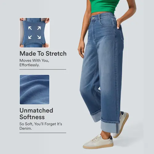 Halara Flex High Waisted Pockets Rolled Hem Wide Leg Washed Casual Jeans #BackToSchool