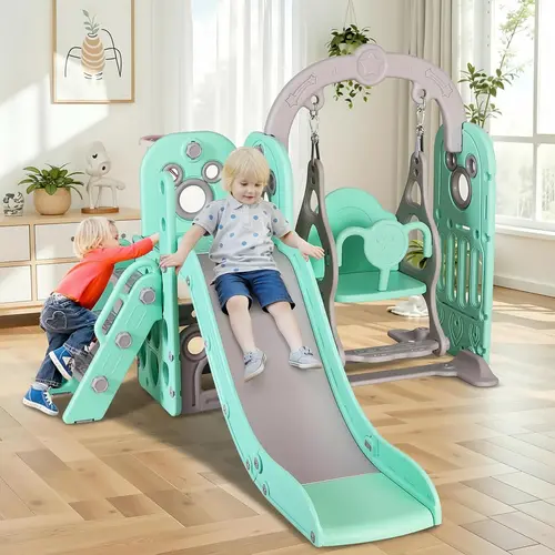 Arlopu Slide and Swing Set, Kids Slide with Climber, Storage Space, Basketball Hoop, Ball, Reinforced Suction Cup, Indoor Outdoor Playground, Suitable, For Boys Girls Birthday Christmas Gift,