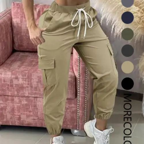Women's Plain Drawstring Waist Cargo Pants, Casual Pocket Trousers for Daily Wear, Ladies Bottoms for All Seasons, Casual Fit Pants
