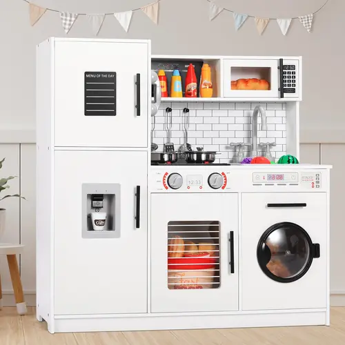 Arlopu Gift Wooden Chef Pretend Toy  Play Kitchen w/Washing Machine, Water Dispenser, Stove, Real Sound & Light, Telephone, Range Hood, Oven, Sink,