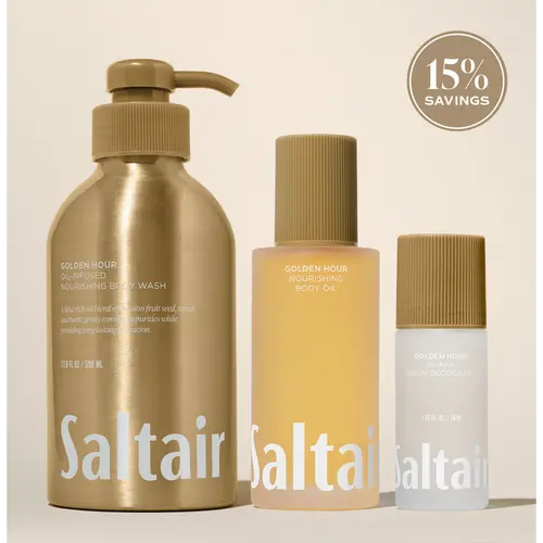 Saltair Golden Hour Essentials Set - Oil-Infused Body Wash (17 fl oz), Nourishing Body Oil (4 fl oz) & AHA Serum Roll-On Deodorant (1.7 fl oz) Bundle for Soft, Glowing Skin - Radiant Sunflower, Juicy Pineapple, Fresh Coconut.