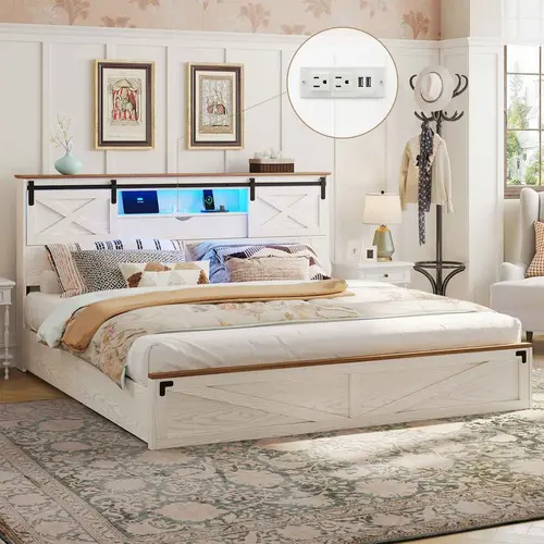Sikaic Farmhouse Bed Frame with Storage Bookcase Headboard, Wooden Bed with LED Lights, Charging Station, 2 Drawers, Country Rustic Bed Frame with Sliding Barn Door, Home Furniture Christmas Gifts [SohoChic]
