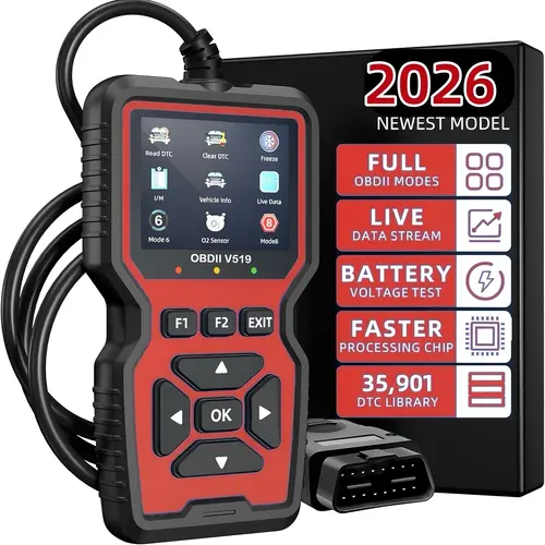 V519 Red Automotive OBD2 Scanner - Car Diagnostic Code Reader with 12V Voltage Tester, Charging System Test, Freeze Frame Data, 10 Languages (Spanish, Russian, Chinese Included) for OBDII/EOBD Protocol Vehicles (Ideal Father's Day Gift)