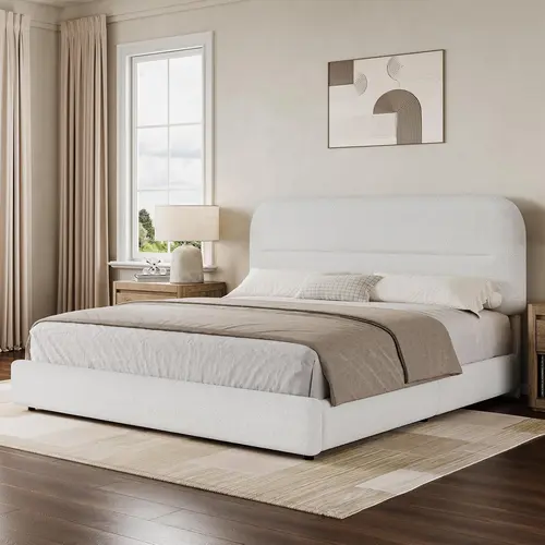 HOMBCK Boucle Upholstered Bed Frame with Headboard, Mattress not included,  Rounded Corners, No Box Spring Needed, Easy Assembly, Contemporary Bed, Bed Frames#SohoChic#Homemakeover
