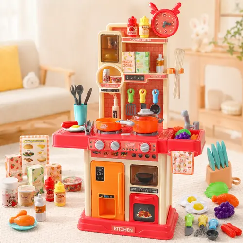 Kids Kitchen Playset for Toddlers, 45 PCS Pretend Play Kitchen Toy with Play Food, Real Faucet, Lights, Sounds, Steam Effect & Color Changing Food, Cooking Role Play Set for Boys Girls