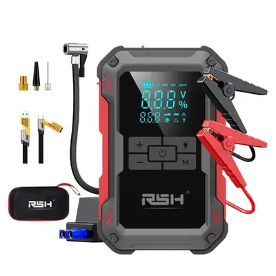 【Father's Day Gift】RSH 15000mAh Ultra-Safe Jump Starter – Starts all 12V battery vehicles. Features 150 PSI air compressor, 18W fast charging, tire pressure check, and LED light. Includes jumper cables, air hose, storage bag, and 4-in-1 charging cable