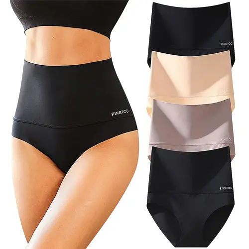 FINETOO Women's High Waist Seamless Underwear Plus Size Brief No Show Elastic Comfortable Panties 4 Pack S-XXXL Springtok