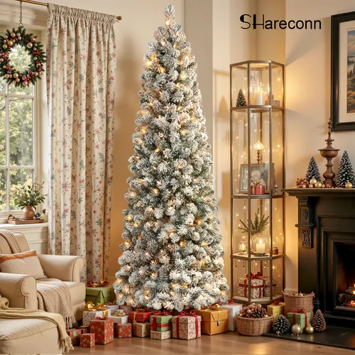 SHareconn Pre-lit Snow Flocked Slim PVC Christmas Pencil Tree, 4/5/6/7.5/8/9 FT, Warm White Lights, Dense Removable Branches, Sturdy Stand Keeps Tree Upright, Art Deco Romantic Festive Decoration for Holiday Decor Setup