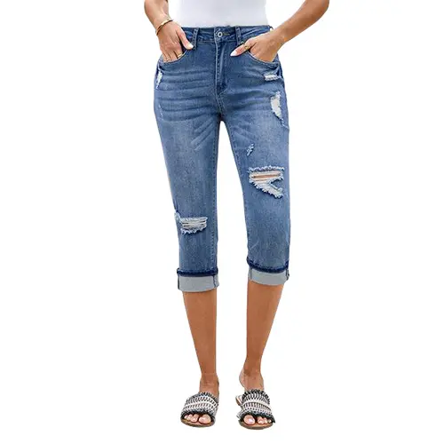 Luvamia Women's High Waisted Stretch Capri Jeans - Distressed Ripped Skinny Fit Cropped Denim with 5 Pockets, Basic Calf-Length Pants for Women, Ideal for Family Pictures, Date Night