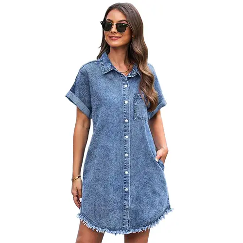 luvamia Women's Denim Mini Dress - Lady's Small Basic Casual Wear, Button-Down Short-Sleeve Jean Shirt Dress with Pockets, Frayed Hem, Minimalist Outfit for Valentine's Day Graduation