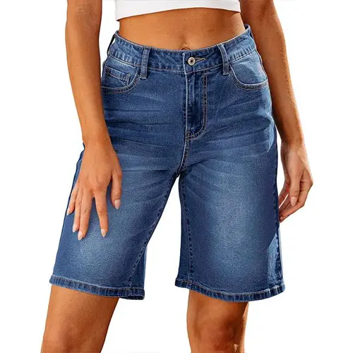 Luvamia Bermuda Jean Shorts for Women High Waisted Stretchy Denim Knee Length Cutoff Loose Fit Long Shorts Womenswear Streetwear Basic 5 Pockets Bottom,back to school shopping
