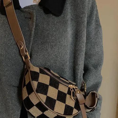 Women's Checked Pattern Fanny Pack, with Headphone Bag, Fashionable PU Leather Zipper Bum Bag for Daily Used, Casual Trendy Versatile High-quality Daily Commuting Bag