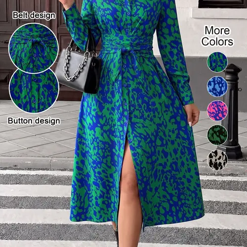 Women's Spring Autumn Elegant Bohemian Boho Geometric Tie Dye Print Collared Button Front Midi Dress, Long Sleeve Fitted Design, Multiple Color Options, Bohemian Split Dress