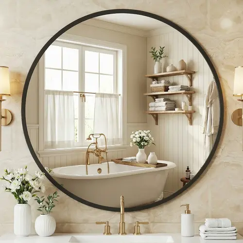 Sweetcrispy Wall-Mounted Round Bathroom Mirror - High-Quality Aluminium Frame, Bright Reflective Surface, Convenient Hook, Space-Saving Design, Ideal for Home Decor Items, Room Decor, Wall-Mounted Saves Space