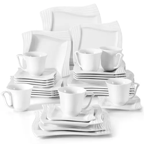 MALACASA Dinnerware Sets, 30-Piece Porcelain Plates and Bowls Sets for 6, Square Dish Set with Dinner Plates, Dessert Plates, Soup Bowls, Cups and Saucers,  Series Amparo