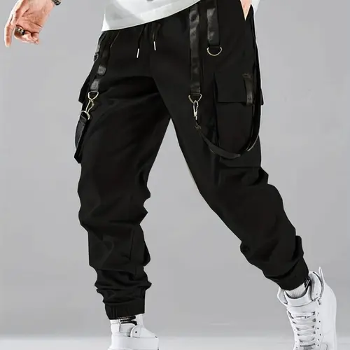 Men's Solid Pocket Drawstring Waist Cargo Pants Casual Pockets, Regular Fit Casual Fashion Trousers for Daily Wear, Everyday Street Pants, Men's Bottoms for All Seasons, Jogger Cargo Pants
