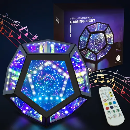 Dodecahedron Infinity Mirror Lamp - USB-Powered Plastic Novelty Light, Color-Changing Customizable, Music-Sync, Timer Function, Whimsical Home Decor, Unique Bedroom Decor, Gift for Adults, Ideal for Gaming Setups