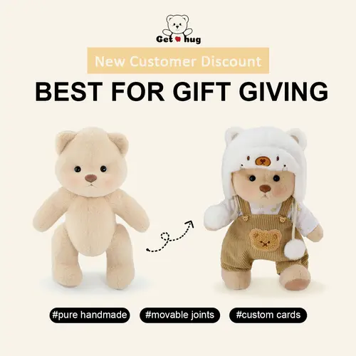 GETAHUG 7.5in Durable Soft Fluffy Manual Jointed Teddy Bear - White Mink Hat, Brown Overalls, Moveable Joints, Changeable Clothes, Personalized Design, Birthday Love Gift for Girls Ages 6+, 30-Day Hassle-Free Returns & Exchanges, Light Brush Maintenance