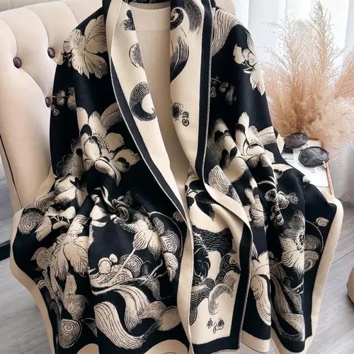 Women's Floral Pattern Raw Trim Shawl, Girlfriend Gifts, Imitation Cashmere Long Floral Print Scarf, Casual Soft Warm Thick Double Sided Scarf for Fall & Winter, Fashion Accessories for Daily Wear