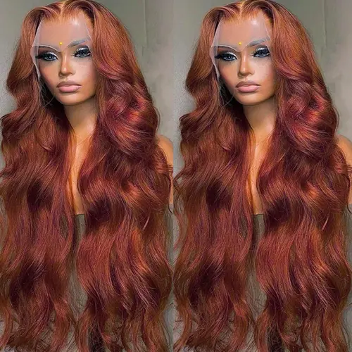 Bling Hair Female Dark Ginger Brown 13x4-13x6 Transparent HD Lace Front Wigs Human Hair, 180% Density Body Wave Pre-Plucked Heat Resistant Reddish Brown Pre-Plucked Wig (Back to School) sohochic