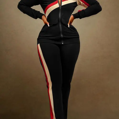 Women's Colorblock Striped Patchwork Print Zip Up Zipper Pocket Jacket & Pants Two-piece Set, Boss Babe Outfit, Casual Long Sleeve Collared Outerwear & Trousers for Fall & Winter, Ladies Clothes for Daily Wear, Fall Matching Sets