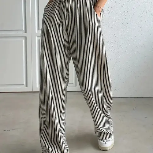 Women's Striped Print Drawstring Waist Adjustable Loose Baggy Wide-Leg Pants with Pockets, Womenswear Casual Pocket Breathable Woven Fabric Trousers for Summer, Women's Bottoms for Daily Wear