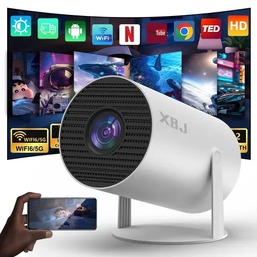 XBJ Smart Mini Portable Projector - 300ANSI, Android 12 Built-In, WiFi, Bluetooth5.4, 4K Decoding, Keystone Correction, 180-Degree Rotation, Short-Throw, ABS Body, Space-Saving, Game-Ready, Large Screen Support, for Home/Outdoor Use (Black Friday)