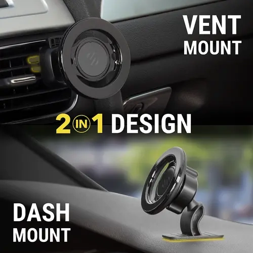 Scosche MagicMount MagSafe 2-in-1 Magnetic Mobile Phone Holder - Round Magsafe Support, Car Vent & Dashboard Cellphone Car Holder, Automotive Interior Accessory, Hands-Free Mount