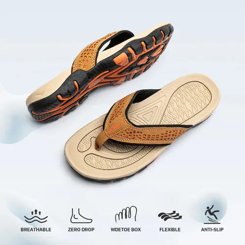 HOBIBEAR Men's Casual Thong Sport Sandals - Slip-On Faux Leather Walking Footwear with Arch Support, Cushioned Non-Slip Rubber Sole, Soft Long Cushioning for Indoor & Outdoor Use