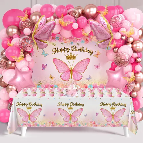 Butterfly Pink/PurpleBalloon Tablecloth Backdrop Set,94pcs Pink Butterfly Latex Balloon Girls Birthday Party Decoration,Happy Butterfly Birthday Balloon Decor