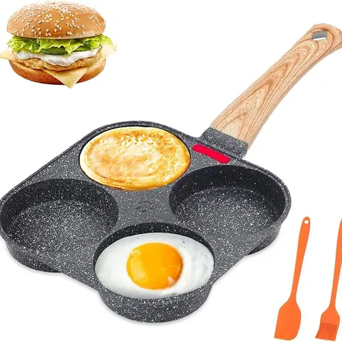 4-Hole Non-Stick Medical Stone Egg Frying Pan with Wooden Handle, Aluminum Nonstick Skillet, Multifunctional Kitchen Supplies for Cooking Pans Needs