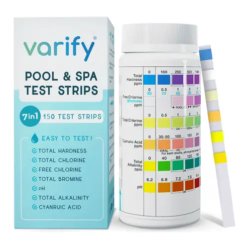VARIFY 7-in-1 Multi-Parameter Pool & Spa Water Testing Strips Kit - Outdoor Pools Maintenance, Under 30s Results, Double Seal, Freshseal Accuracy Preservation, pH+Alk Check, Hardness, Chlorine, Bromine, Cyanuric Acid (150 Strips)