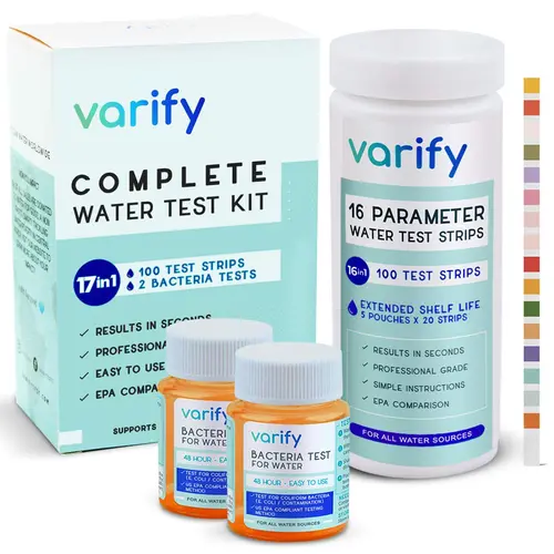 Varify 17-in-1 Complete Drinking Water Test Kit - 100 Strips, 2 Bacteria Tests, Fluoride, Lead+Iron Check, 17 Key Water Checks, 48-Hour Results, Color-Easy Reading, No Extra Tools, Home Users Well & Tap Assessment