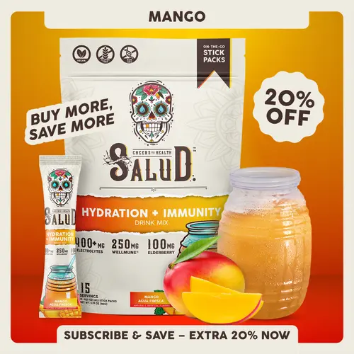 Salud 2-in-1 [Hydration + Immunity - Mango] Electrolytes Powder, Agua Fresca Drink Mix, Elderberry, Dairy & Soy Free, Non-GMO, Gluten Free, Vegan, Low Calorie, 1g Sugar (15 Servings)