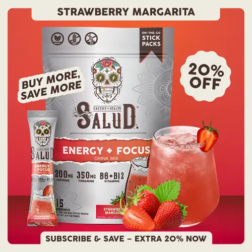 Salud 2-in-1 [Energy + Focus - Strawberry Margarita] Clean Energy Drink Mix, Agua Fresca, Organic Caffeine, B6 & B12, L-Theanine, Drink Packets, Non-GMO, Gluten Free, Vegan, Low Calorie, 1g Sugar (15 Servings)