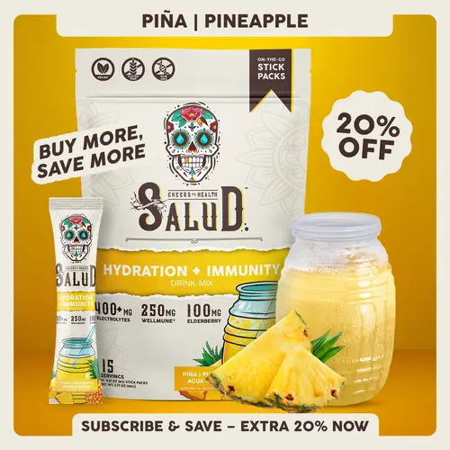 Salud 2-in-1 [Hydration + Immunity - Pineapple] Electrolytes Powder, Agua Fresca Drink Mix, Elderberry, Dairy & Soy Free, Non-GMO, Gluten Free, Vegan, Low Calorie, 1g Sugar (15 Servings)