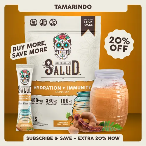 Salud 2-in-1 [Hydration + Immunity - Tamarindo]  Electrolytes Powder, Agua Fresca Drink Mix, Elderberry, Dairy & Soy Free, Non-GMO, Gluten Free, Vegan, Low Calorie, 1g Sugar (15 Servings)