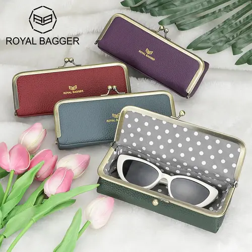 Royal Bagger Women's Genuine Leather Multi-Functional Pouch - Female Chic Glasses Organizer, Eye Glasses Holder, RFID Blocking Coin Purse with Kiss Lock, Compact Lightweight Plain Design for Adult Handbags