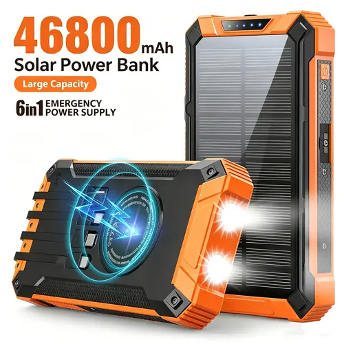 46800mAh Sun-Powered Portable Charger Power Bank - Wireless Charging, Built-in 4 Cables & Dual Flashlights, 6 Outputs, 15W Fast Charging, USB-A, Durable Lithium Battery for Phones & All Mobile Devices (TikTok Shop Back to School Haul)
