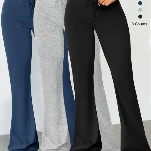 Women's Solid Drawstring High-Waisted Flare-Leg High-Stretch Casual Comfy Breathable High Stretch Sporty Bell Bottom Sports Leggings for Yoga, Workout & Running, Fall & Winter Sportswear, Activewear Bottoms, Athleisure Fitness Pants, High Waists Leggings