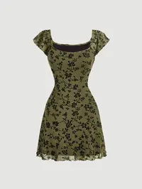Women's All Over Floral Print Lettuce Trim Square Neck A-Line Dress, Boho Floral Dress, Y2k Casual Cap Sleeve Short Dress for Daily Wear, Ladies Clothes for All Seasons, Summer Womenswear, Boho Fashion Dress
